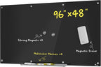 TOWON 8 x 4ft Glass Whiteboard Wall, Black Magnetic White Board Dry Erase 96 x 48 in, Big Glass Dry Erase Board with Multi-Color Markers, Strong Magnets, Pen Tray and Eraser, Frameless