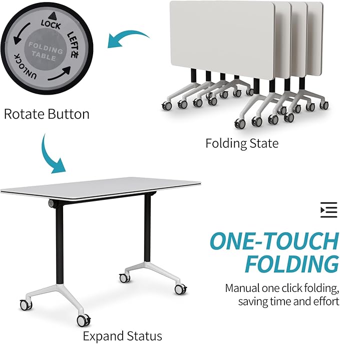 Folding Conference Table, Modern Conference Room Tables with Flip-Top Design, Foldable Conference Table Meeting Table with Wheels, Mobile Seminar Training Tables for Office Classroom (2, White 2)