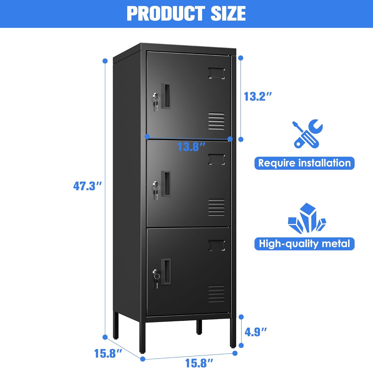 Metal Locker with Ventilation Holes, Metal Storage Cabinet with Lock and Card Slof for Home,School, Office, Gaeage,47.3" H x 15.8" W x 15.8" D,Assembly Required,Black