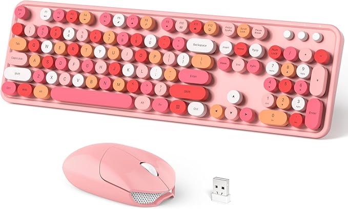 Wireless Keyboard and Mouse Combo, 104 Keys Full-Sized 2.4 GHz Round Keycap Colorful Keyboards, USB Receiver Plug and Play, for Windows, PC, Laptop, Desktop (Pink)