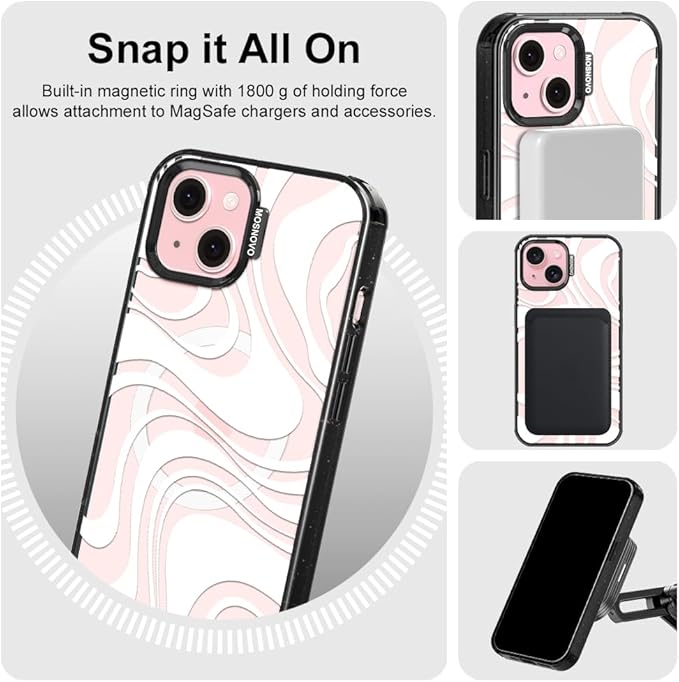 MOSNOVO Magnetic Case for iPhone 15 Plus, 10ft Military-Grade Protection, Compatible with Magsafe, Shockproof Phone Case for iPhone 15 Plus / 14 Plus - White Swirl - Clear Black