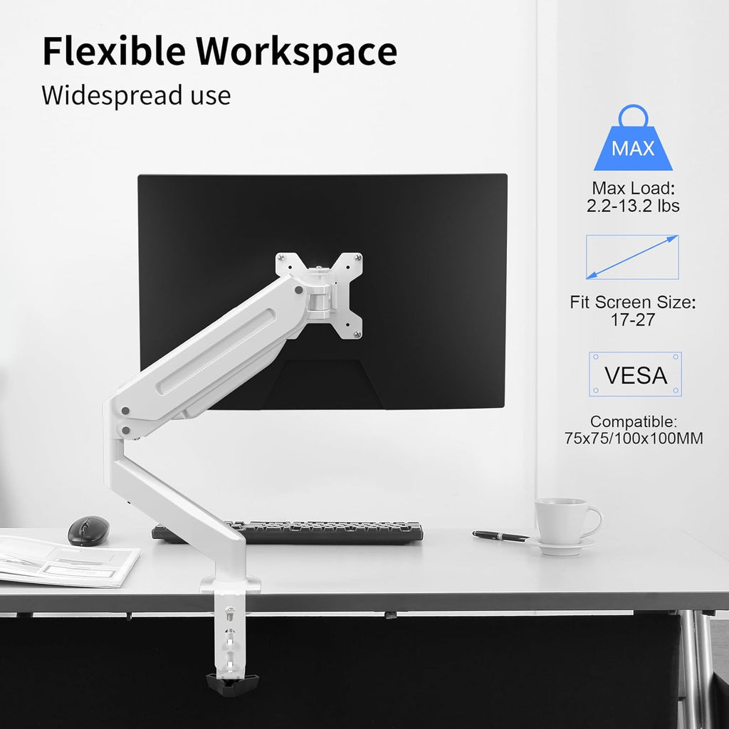 Suptek Monitor Mount Gas Spring Single Monitor Arm Desk Mount Stand Fully Adjustable Fits 17 20 22 23 24 26 27 32 inch Monitors (White)