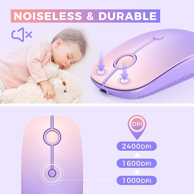 VssoPlor Type C Wireless Mouse, USB C MacBook Wireless Mouse Dual Mode 2.4G Cordless Mice with Nano USB and Type C Receiver Compatible with PC, Laptop, MacBook, ipad-Gradient Purple