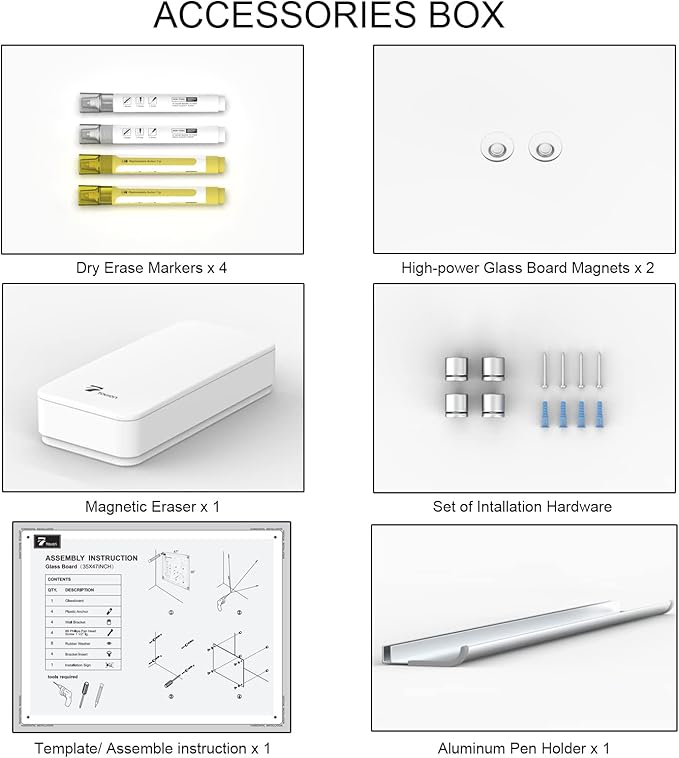TOWON 47 x 35 Inch Glass Dry Erase Board Reminder, Magnetic Whiteboard Calendar Yearly, Monthly Planner Set for Office, Kitchen and School, Black