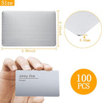 100PCS Metal Business Cards - 0.45mm Thick Aluminum, Laser Engraving Blanks for Office, DIY & VIP Cards, 3.4 x 2.1 Inch, Silver