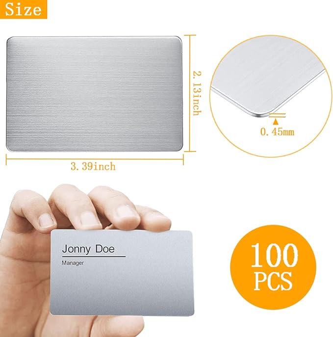 100PCS Metal Business Cards - 0.45mm Thick Aluminum, Laser Engraving Blanks for Office, DIY & VIP Cards, 3.4 x 2.1 Inch, Silver