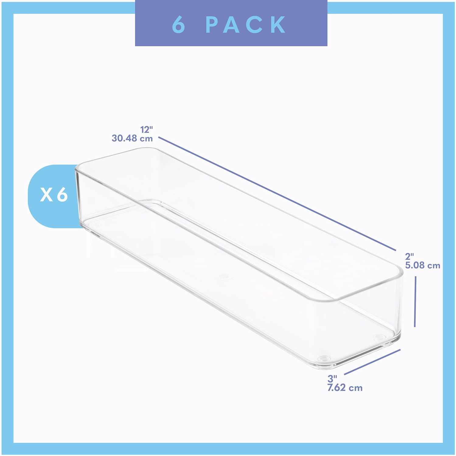 Plastic Clear Drawer Organizers. Bathroom, Kitchen, Bedroom, Gadgets, Office Organizer Bins, Storage Trays. Heavy Duty, Stackable. 12" x 3" x 2" Set of 6