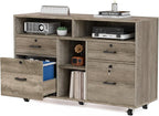VINGLI Wide 4 Drawer File Cabinet with Lock, Rustic Grey Rolling File Cabinet with Open Shelves, Lockable Printer Stand, Letter Sized