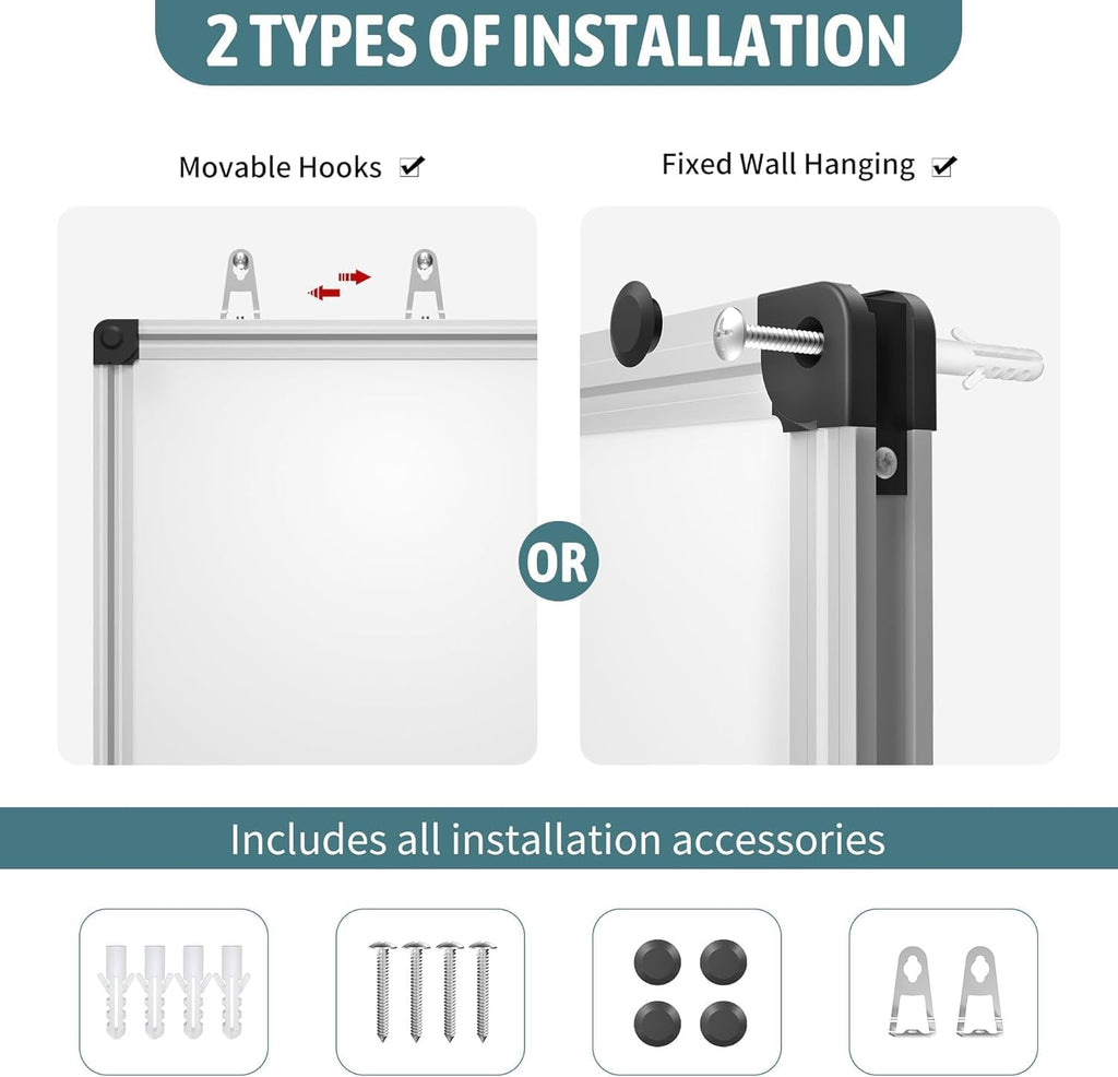 Magnetic Dry Erase Whiteboard - 46 x 33 Inch White Board - 4 x 3 Large Wall-Mounted Board with Silver Aluminum Frame, 1 Magnetic Eraser, 2 Pens, Detachable Marker Tray, 6 Magnets