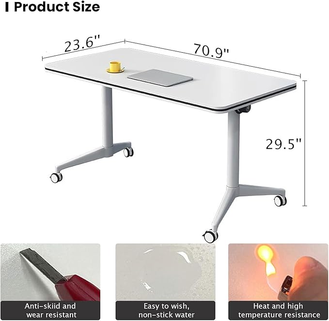 Conference Table Folding Conference Table, Modern Conference Room Table White Meeting Table Flip Top Large Mobile Training Table, Mobile Training Seminar Table for Office Classroom (6pack 70.8in)