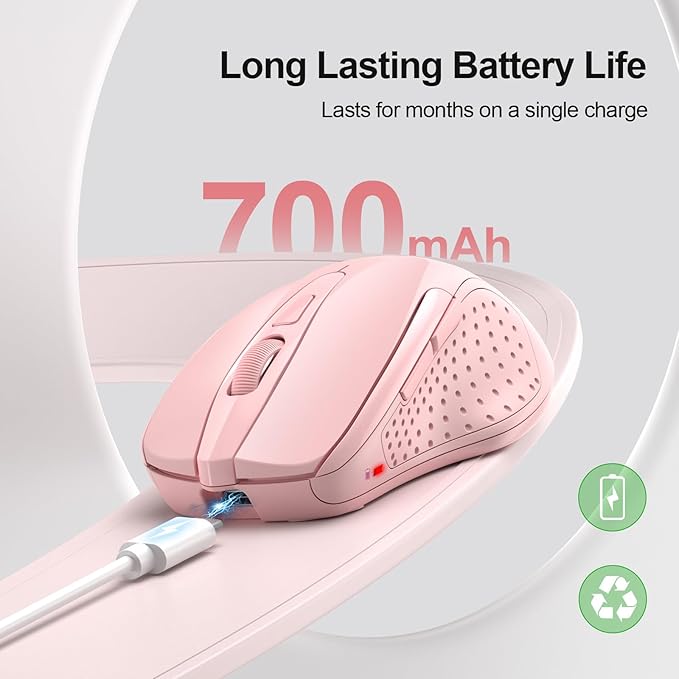 TECKNET Wireless Mouse (BT5.0/3.0 & 2.4G) Rechargeable 4800 DPI Silent USB A & Bluetooth Mouse 6 Buttons, Wide Compatibility - Pink