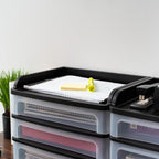 IRIS USA Plastic Desk Top 3-Drawer Storage Organizer with Paper Tray Top, 1-Pack, for Makeup Vanity Nail Polish Bathroom Stationery Art Craft Supplies Kitchen Office Garage Organization, Medium, Black