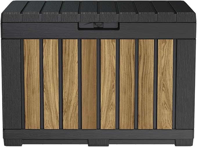 Keter Signature Collection 50 Gallon Resin Deck Box Organization and Storage Box for Patio Outdoor Cushions, Throw Pillows, Garden Tools and Pool Supplies, Oakridge