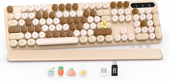 SABLUTE Wireless Keyboard, Round Keycaps, Retro Typewriter Keyboard with Detachable Wrist Rest, Sleep Mode, Foldable Legs, 2.4GHz Full-Size Cordless Computer Keyboard for Windows/PC/Laptop (Latte)