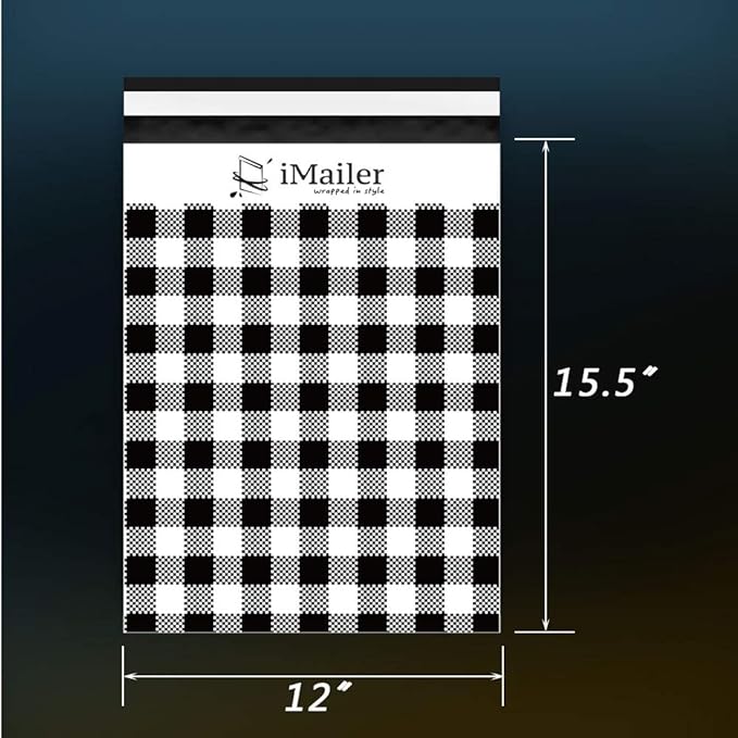 100 Count - 12 x 15.5 inch, Poly Mailer Black Gingham Plaid Package Envelope, Mailing Shipping Bags with Self Seal Strip