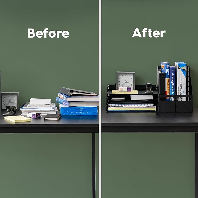 IRIS USA Metal Letter Tray Paper Organizer, 4 Pack, for Letter/A4 File Holder Paperwork Document, Stackable Desktop File Organizer Tray Paper Basket Rack for Office Supplies Home Work, Black