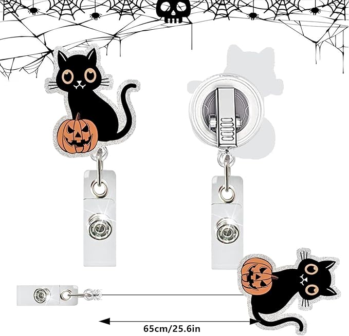 Halloween Badge Reels Retractable ID Name Badge Holder Cute Black Cat with Pumpkin Acrylic Badge Clip with Alligator Clip for Nurses Doctors Office Worker Social Worker Student Supplies