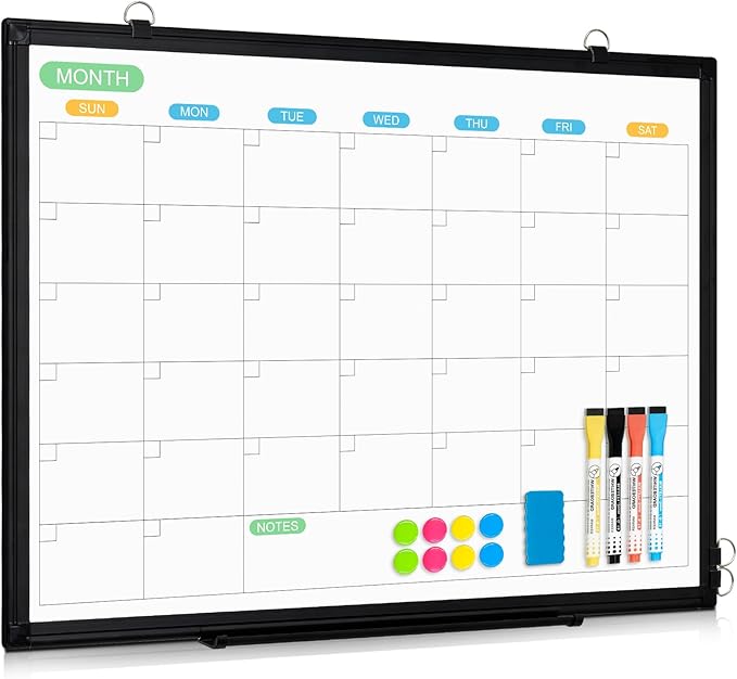 WALGLASS Dry Erase Calendar Whiteboard for Wall, 24" x 18" Double-Sided Monthly Calendar White Board with Black Aluminum Frame, Hanging or Wall Mount Dry Erase Whiteboard for Home, Office, School