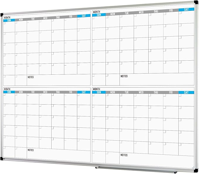 XBoard Magnetic Calendar Whiteboard 48" x 36" - 4 Month Colorful Calendar Dry Erase Board for Monthly Planning, Silver Aluminium Framed