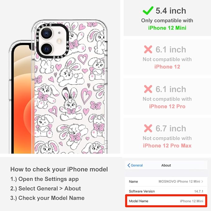 MOSNOVO Case for iPhone 12 Mini, [Buffertech 6.6ft Military-Grade Drop Protection] [Anti Peel Off Tech] Clear TPU Bumper Phone Case Cover Design - Bunnies