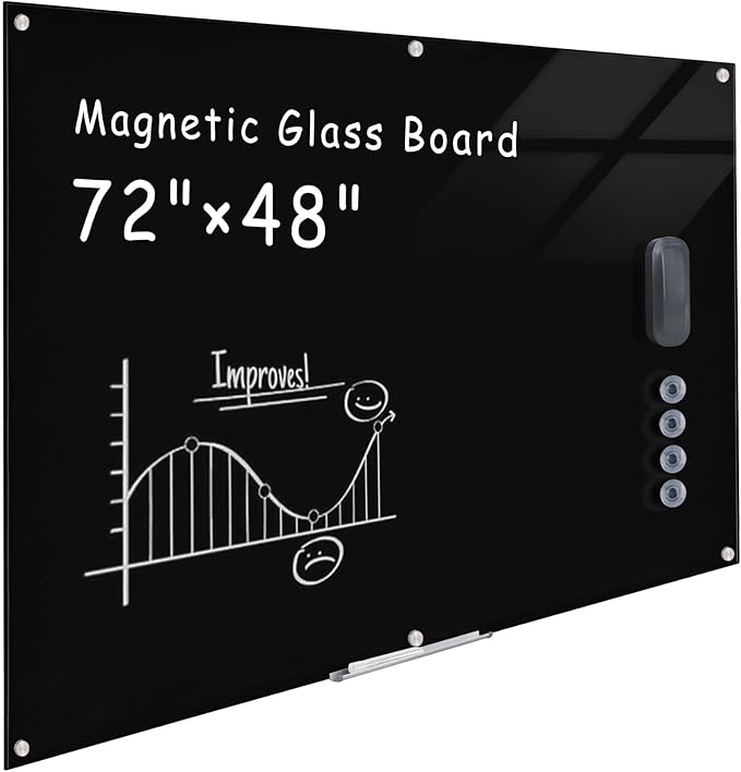 Magnetic Glass Whiteboard，72"x48" Wall Mounted Frameless Dry Erase Board for Office, Home & School Black