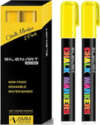 SILENART Yellow Chalk Markers 2 Pack - Yellow Dry Erase Markers Pen - Liquid Chalk Markers for Chalkboard, Window, Glass, Mirror, Blackboard - 3-6mm Reversible Tip