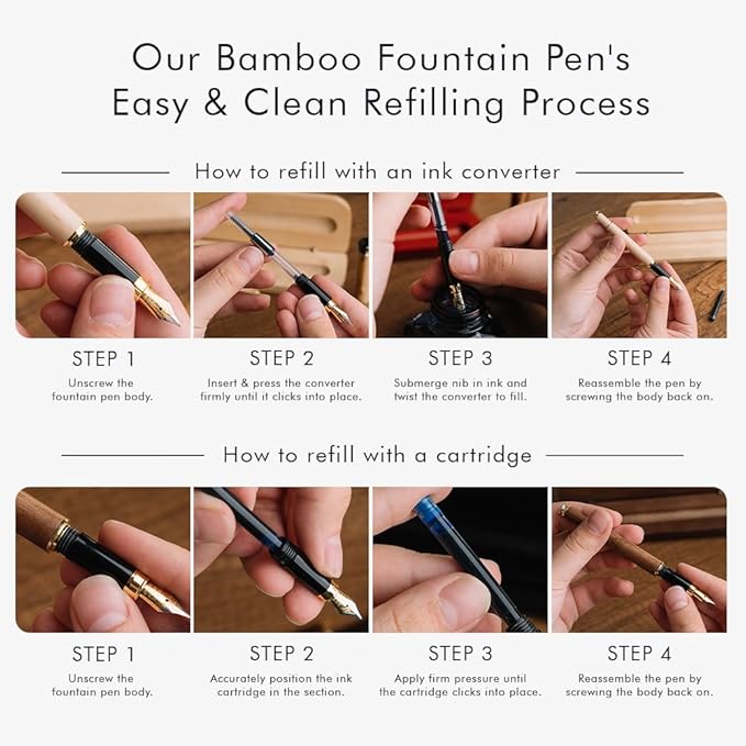 Wordsworth & Black Fountain Pen Set, Luxury Bamboo Wood - Medium Nib, Gift Case; Includes 6 Ink Cartridges, Ink Refill Converter -Journaling, Calligraphy, Drawing, Smooth Writing [Brown Wood]