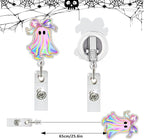 Halloween Badge Reel Retractable ID Name Holder Fun Cute Ghost with Bow Badge Charm Designs Acrylic Cartoon Spooky ID Badge Holder with Alligator Clip for Students Nurses Teachers ID Clip