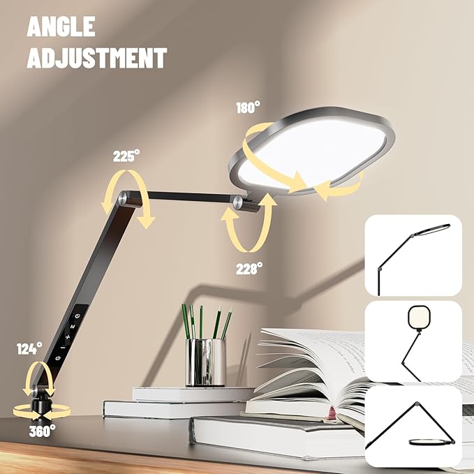 2 Packs Led Desk Lamps for Home Office, 1200LM Dimmable Clamp-on Desktop Light, Adjustable Swing Arm Ring Light with Stand, Memory & Timer Function, Eye-Caring Design