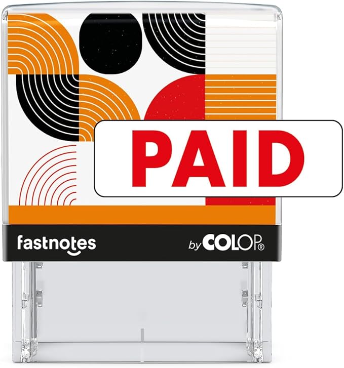 Fastnotes Paid Self-Inking Rubber Stamp by COLOP - Great for Office Documents, Notary, Warehouse, Accounting Paperwork, Business, and Legal Documentation - Red Ink (Paid- Red)