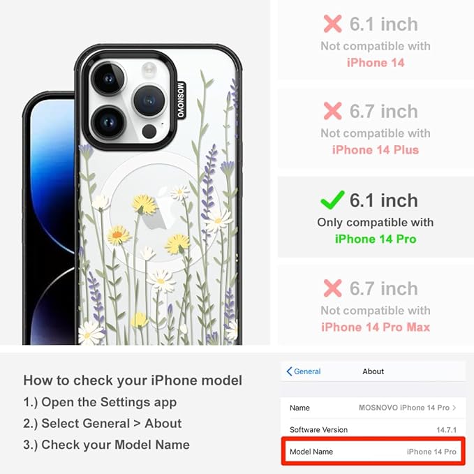 MOSNOVO Magnetic Case for iPhone 14 Pro, 10ft Military-Grade Protection, Compatible with Magsafe, Shockproof Phone Case for iPhone 14 Pro - Wild Meadow - Clear Black