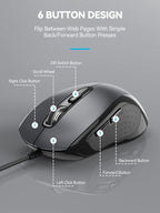 TECKNET USB Wired Computer Mouse, 4-Level Adjustable 3600DPI, Ergonomic with 6 Buttons, 18 Months Battery Life, Portable for Small Medium Hand