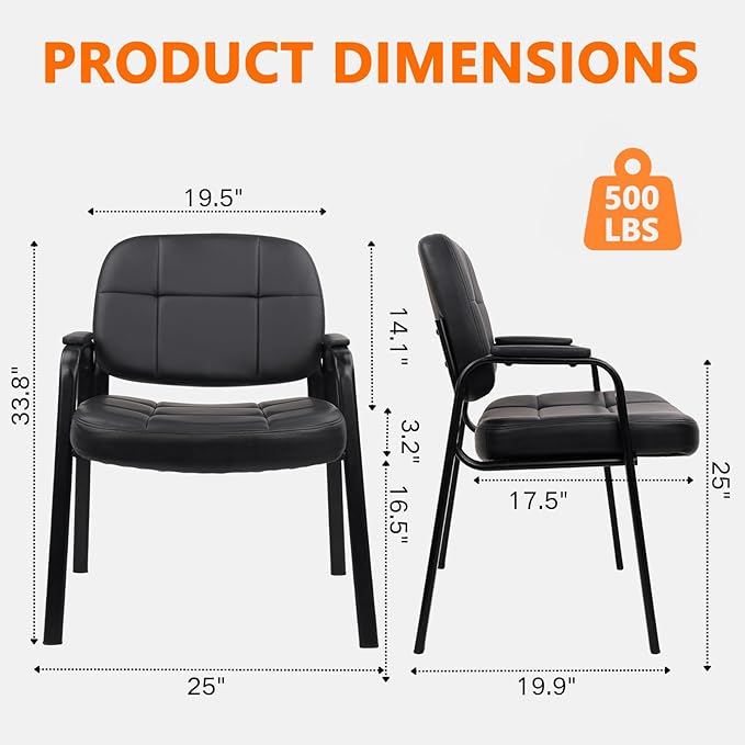 CLATINA Big & Tall 500 lbs Waiting Room Guest Chair, Leather Office Reception Chair No Wheels with Padded Arms for Elderly Home Desk Conference Room Lobby Side Salon Clinic, Black(2 Pack)