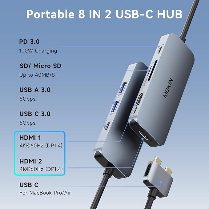 Docking Station for MacBook Pro Air,USB C Docking Station Dual Monitor,Dual HDMI Adapter Hub for Mac MacBook Pro with 2 HDMI(4K @60Hz), 3 USB3.0,SD TF Card Reader and 100W PD USB C Port