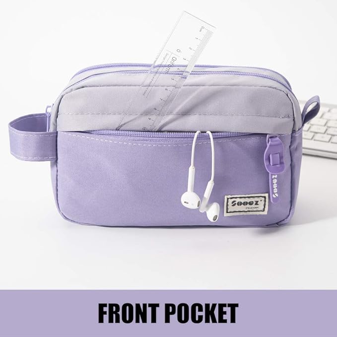 Sooez High Capacity Pencil Case, Big Pencil Bag Pouch Box Organizer Pen Case, Portable Journaling Supplies with Easy Grip Handle & Loop, Asthetic Supply for Girls Adults, Purple