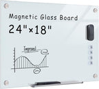 Magnetic Glass Whiteboard，24"x18" Wall Mounted Frameless Dry Erase Board for Office, Home & School White