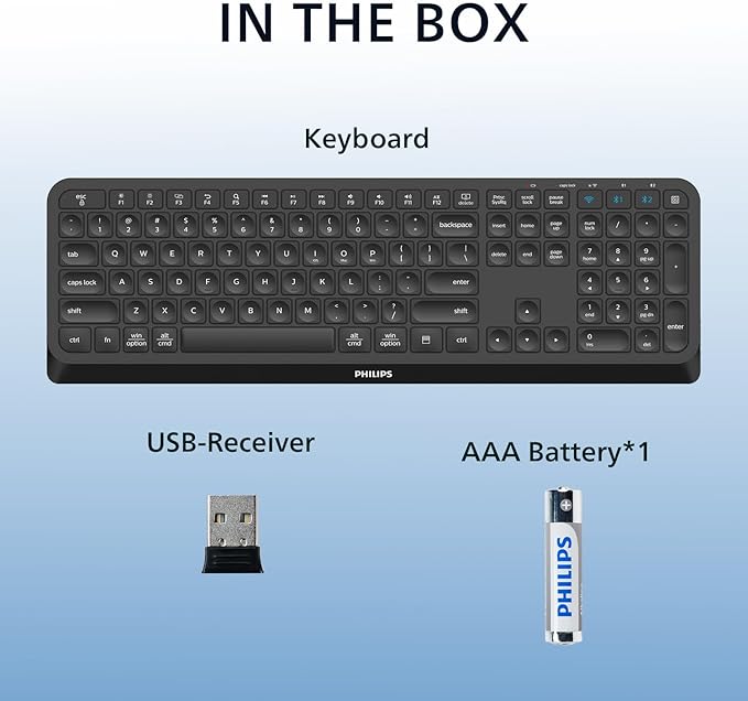 PHILIPS Professional Wireless & Bluetooth Keyboard - Standard-Layout Keyboards with 2.4GHz USB-Receiver, 3-Channel,Ergonomic & Quiet Design, Comfortable & Efficient for PC/Laptop/Pad