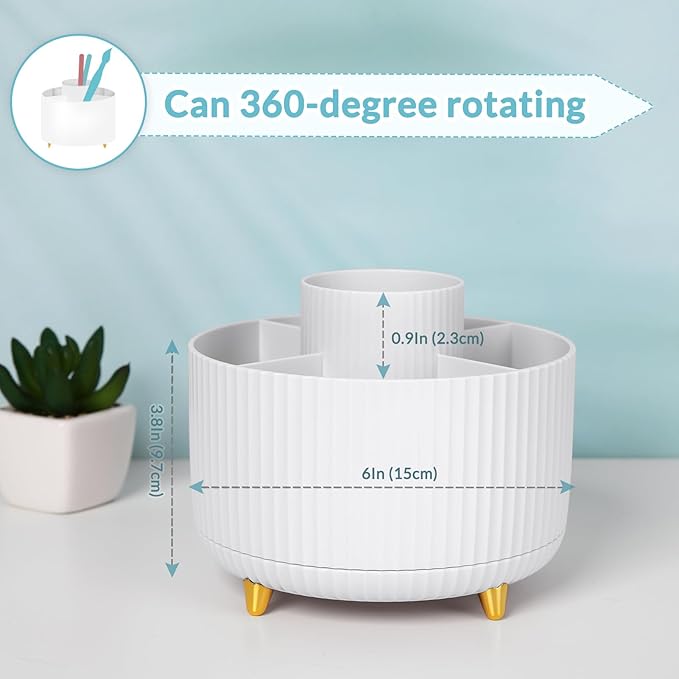 SKYDUE 360 Rotating Organizer - Dual-Purpose Pen & Pencil Holder with 5 Slots, Suitable for Office, School, or Home (White)