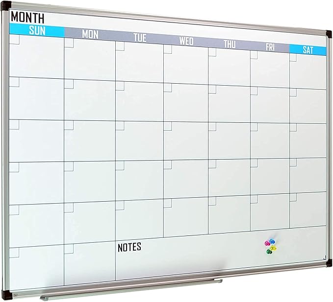 XBoard Magnetic Calendar Whiteboard 36" x 24" - Monthly Calendar Dry Erase Board, Reusable Colorful Calendar Board, Silver Aluminium Framed Monthly Planning Board
