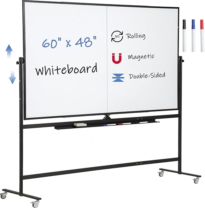 Large Magnetic Mobile Whiteboard 60"x48", Rolling Double Sided Stand Whiteboard on Wheels, Reversible Adjustable Height/Angle Dry Erase Board 5' x 4' Easel White Board for Office Classroom, Black