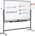 Large Magnetic Mobile Whiteboard 60"x48", Rolling Double Sided Stand Whiteboard on Wheels, Reversible Adjustable Height/Angle Dry Erase Board 5' x 4' Easel White Board for Office Classroom, Black