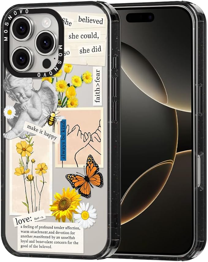 MOSNOVO Case for iPhone 16 Pro Max, [10ft 4X Military-Grade Drop Protection] Durable & Shockproof Phone Case Cover Design for iPhone 16 Pro Max - Vintage Collage Art - Clear Black