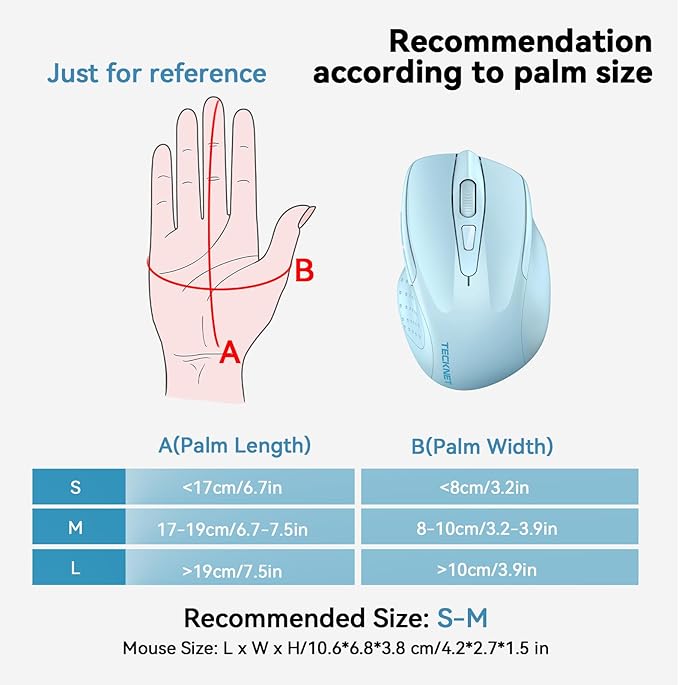 TECKNET Wireless Mouse (BT5.0/3.0 & 2.4G) Rechargeable 4800 DPI Silent USB A & Bluetooth Mouse 6 Buttons, Wide Compatibility - Lightblue