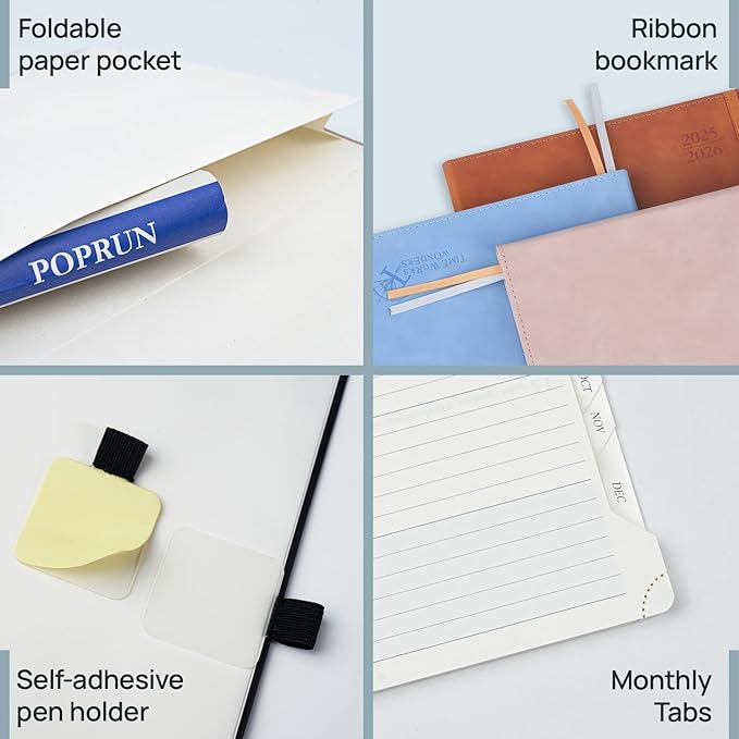 POPRUN Weekly Planner 2026 (Large 8.5" x 10.5") Calendar 12 Months Notebook with Horizontal Layout, Leather Soft Cover, Monthly Tabs, Inner Pocket, 100GSM Thick Paper, Pen Holder - Lilac