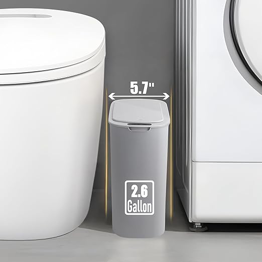 Automatic Motion Sensor Bathroom Trash Can with Lid, 2.6 Gallon Touchless Trash Bin, Smart Garbage Can Plastic Slim Wastebasket for Bedroom, Office, Dorm (Grey)