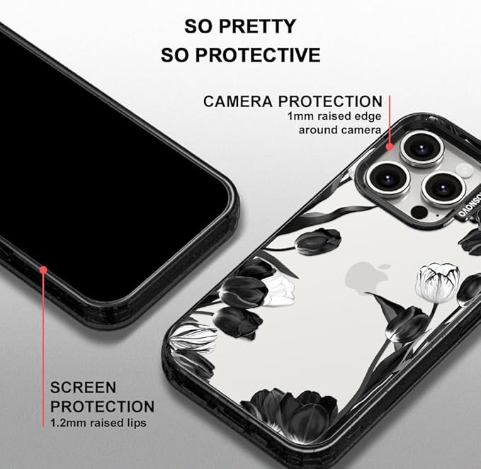 MOSNOVO Case for iPhone 15 Pro, [10ft 4X Military-Grade Drop Protection] Durable & Shockproof Phone Case Cover Design for iPhone 15 Pro - Black White Tulips - Clear Black