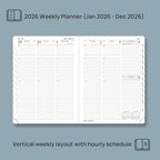 POPRUN 2026 Planner (Medium - 6.5'' x 8.5'') - 2026 Weekly Calendar ((Jan. 2026 - Dec. 2026) with Hourly Time Slots, Weekly/Monthly Appointment Book for Time Management - Leather Soft Cover - Grey