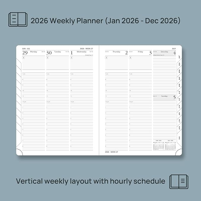 POPRUN 2026 Planner (Medium Size 8.5''x 6.5'' Hardcover) - Daily Weekly and Monthly Calendar Agenda 2026 Appointment Book with Hourly Time Slots, Monthly Tabs, 100 GSM - Light Yellow