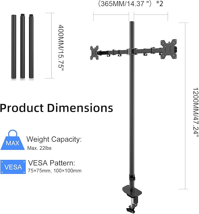 Pholiten Extra Tall Dual Monitor Stand, Dual Monitor Mount, Desk Mount up to 47 inch Pole, 2 Monitor Stand, Computer Monitor Arm, Fully Adjustable Stand for up to 27 inch Screens