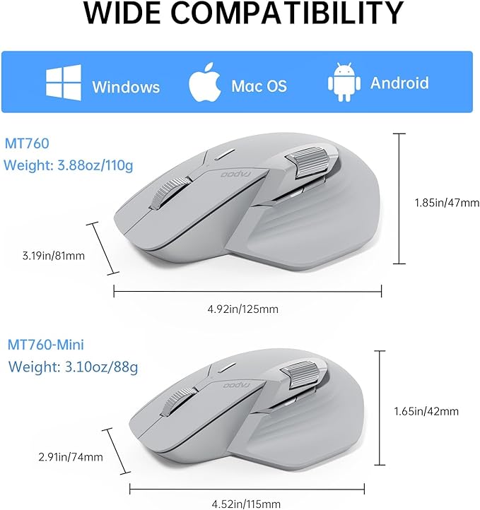 Rapoo MT760Mini Bluetooth Wireless Mouse - Bluetooth 5.0 and 2.4GHz Multi-Mode Connection, Support 4 Devices, M+ Cross Computer Technology, 11 Programmable Buttons,Light Grey